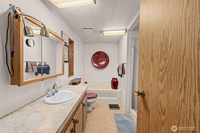 45019 Cougi Dr N, Davenport, WA 99122 - full bathroom featuring vanity, a textured ceiling, a tub to relax in, and a shower