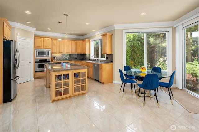 13804 SE 76th Pl, Newcastle, WA 98059 - kitchen with appliances with stainless steel finishes, ornamental molding, tasteful backsplash, glass insert cabinets, and a kitchen island