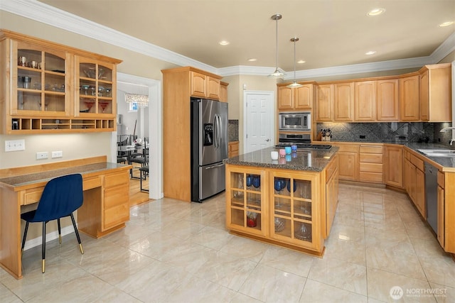 13804 SE 76th Pl, Newcastle, WA 98059 - kitchen featuring stainless steel appliances, a center island, crown molding, glass insert cabinets, and tasteful backsplash