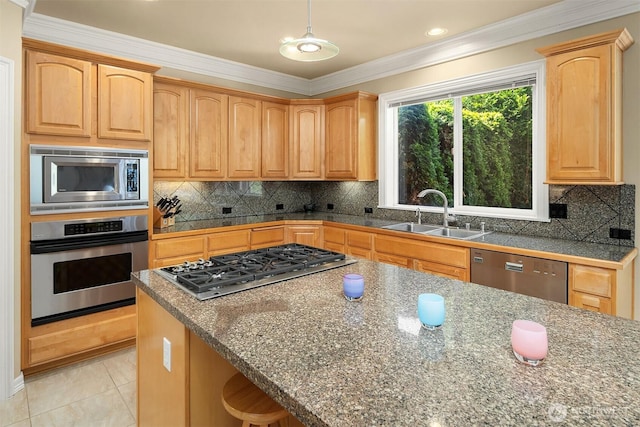 13804 SE 76th Pl, Newcastle, WA 98059 - kitchen with appliances with stainless steel finishes, crown molding, pendant lighting, backsplash, and light tile patterned flooring