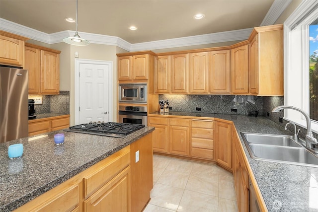 13804 SE 76th Pl, Newcastle, WA 98059 - kitchen featuring appliances with stainless steel finishes, crown molding, decorative light fixtures, backsplash, and light brown cabinets