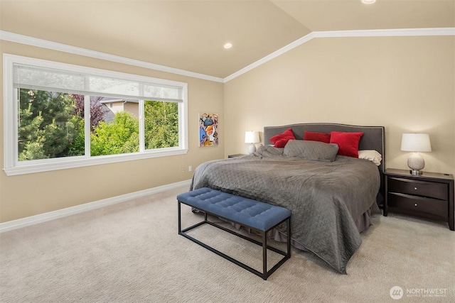 13804 SE 76th Pl, Newcastle, WA 98059 - bedroom featuring light carpet, vaulted ceiling, crown molding, and recessed lighting
