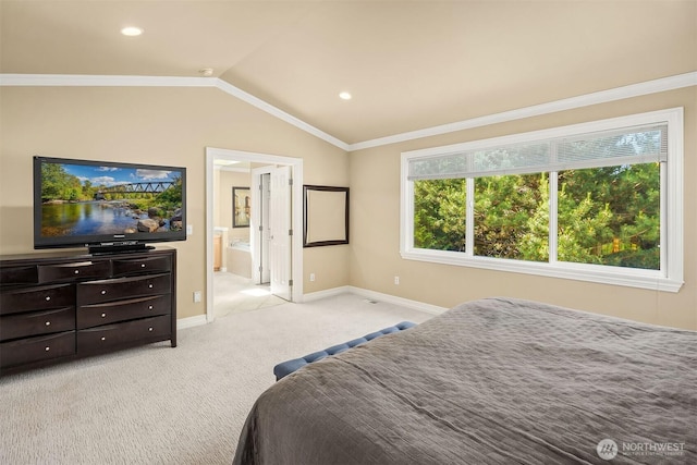 13804 SE 76th Pl, Newcastle, WA 98059 - bedroom featuring light colored carpet, lofted ceiling, ornamental molding, connected bathroom, and recessed lighting