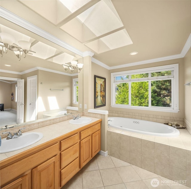 13804 SE 76th Pl, Newcastle, WA 98059 - full bath with a bath, plenty of natural light, double vanity, tile patterned flooring, and crown molding