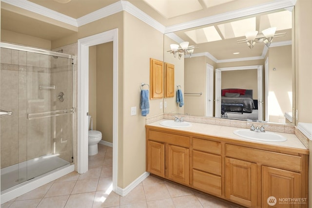 13804 SE 76th Pl, Newcastle, WA 98059 - bathroom with a chandelier, tile patterned floors, a shower stall, double vanity, and crown molding