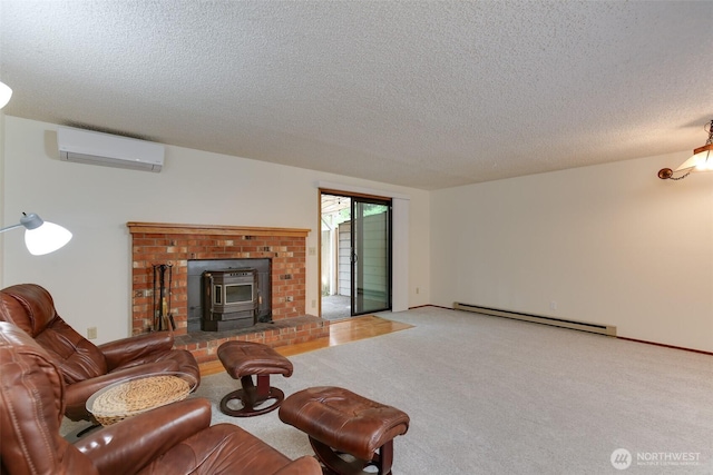 1264 SW Lanyard Loop Unit 2, Oak Harbor, WA 98277 - living room with a baseboard heating unit, a wall mounted AC, a textured ceiling, carpet flooring, and a wood stove