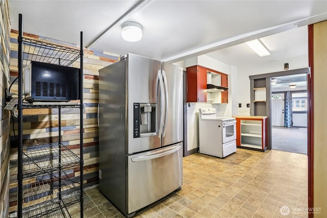 1004 S 5th Ave, Kelso, WA 98626 - kitchen featuring stainless steel fridge, white electric stove, open shelves, and light countertops