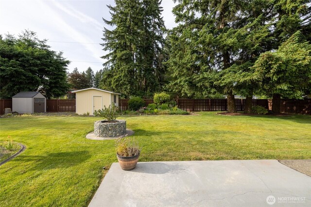 4703 235th St E, Spanaway, WA 98387 - fenced backyard featuring a storage shed and a patio area