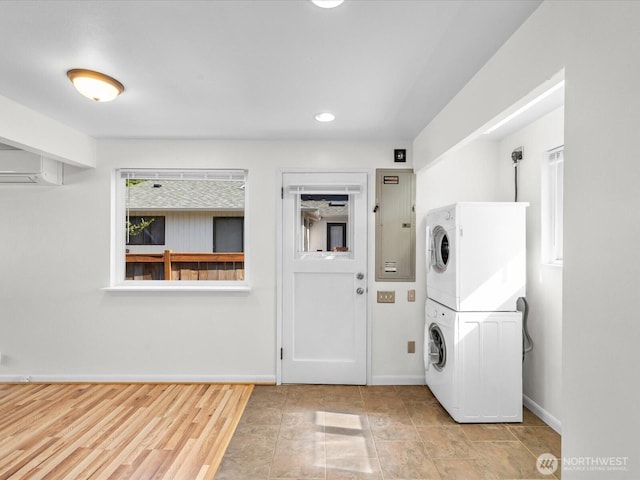 14324 Wayne Pl N, Seattle, WA 98133 - washroom with stacked washer / drying machine, plenty of natural light, recessed lighting, and electric panel