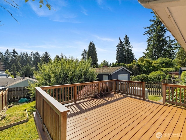 14324 Wayne Pl N, Seattle, WA 98133 - wooden deck with an outbuilding and a fenced backyard