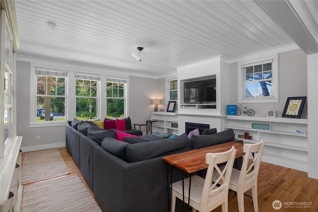 173 Meriweather St, Pacific Beach, WA 98571 - living room with ornamental molding, light wood-type flooring, and wooden ceiling