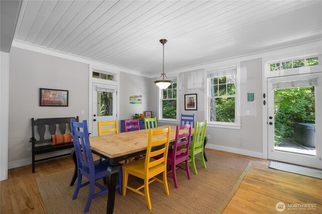 173 Meriweather St, Pacific Beach, WA 98571 - dining area with wood finished floors, ornamental molding, and wooden ceiling