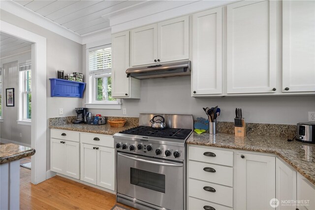 173 Meriweather St, Pacific Beach, WA 98571 - kitchen featuring high end stove, under cabinet range hood, light wood-type flooring, white cabinets, and ornamental molding