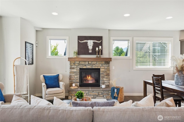 795 NE 2nd St, North Bend, WA 98045 - living room with wood finished floors, a fireplace, and recessed lighting