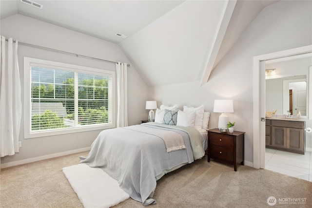 795 NE 2nd St, North Bend, WA 98045 - bedroom with vaulted ceiling, light carpet, and connected bathroom