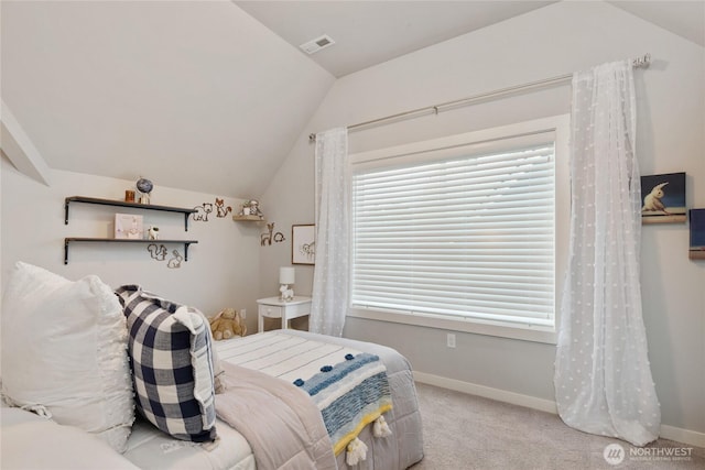795 NE 2nd St, North Bend, WA 98045 - carpeted bedroom featuring lofted ceiling and baseboards