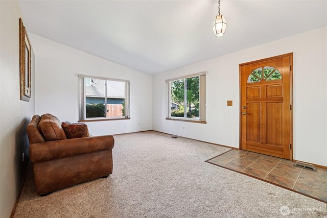 21850 SE 271st Pl, Maple Valley, WA 98038 - entryway featuring vaulted ceiling and carpet flooring