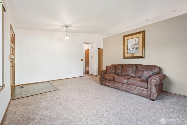 21850 SE 271st Pl, Maple Valley, WA 98038 - living room featuring carpet flooring and vaulted ceiling