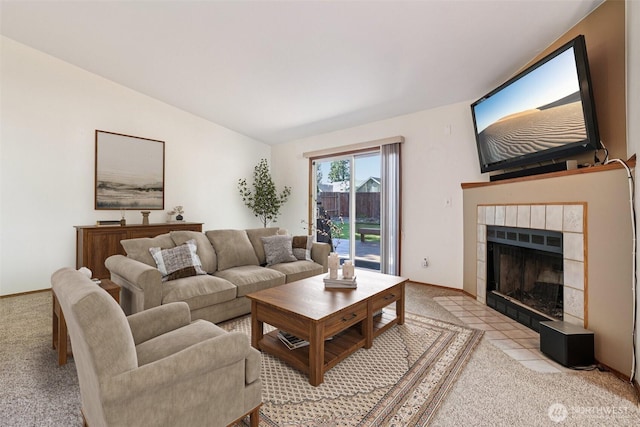 21850 SE 271st Pl, Maple Valley, WA 98038 - living room featuring light carpet and a tiled fireplace