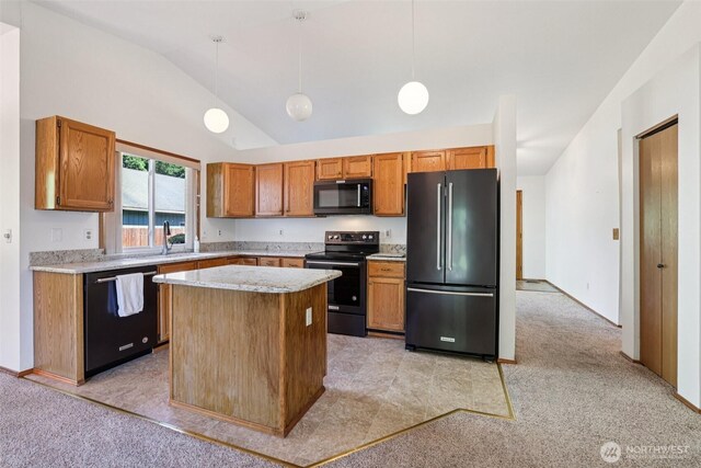 21850 SE 271st Pl, Maple Valley, WA 98038 - kitchen with black appliances, lofted ceiling, light countertops, light carpet, and pendant lighting