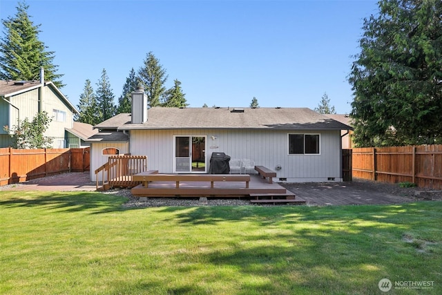 21850 SE 271st Pl, Maple Valley, WA 98038 - back of house featuring a fenced backyard, a chimney, a wooden deck, and crawl space