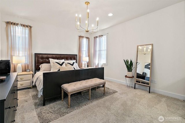 18740 130th St E, Bonney Lake, WA 98391 - bedroom featuring a chandelier, multiple windows, light carpet, and recessed lighting