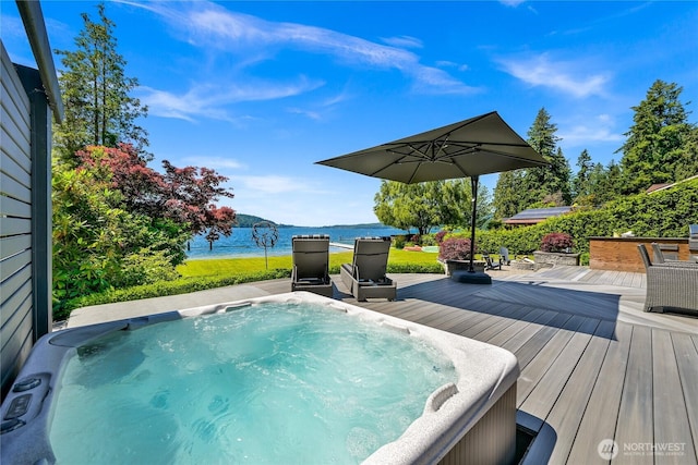 3231 Northshore Rd, Bellingham, WA 98226 - wooden terrace with a hot tub and a water view