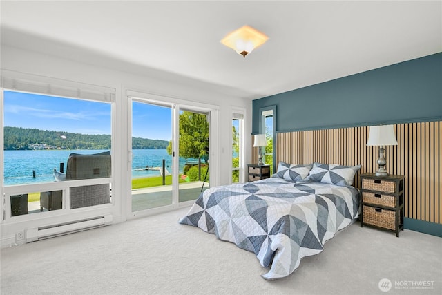 3231 Northshore Rd, Bellingham, WA 98226 - carpeted bedroom with baseboard heating, access to outside, and a water view