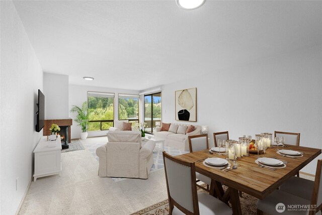 19528 Echo Lake Pl N Unit B202, Shoreline, WA 98133 - dining space with light colored carpet and a fireplace