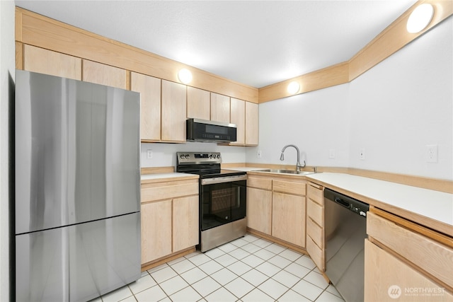 19528 Echo Lake Pl N Unit B202, Shoreline, WA 98133 - kitchen with stainless steel appliances, light brown cabinetry, light countertops, and light tile patterned floors