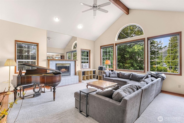 21 Longshore Ln, Bellingham, WA 98229 - carpeted living room with ceiling fan, beam ceiling, a tile fireplace, high vaulted ceiling, and recessed lighting