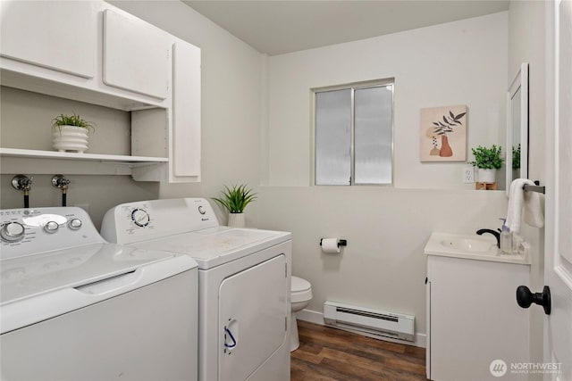 1405 Canyon Ct, Port Orchard, WA 98366 - washroom featuring a baseboard heating unit, washer and clothes dryer, and dark wood-type flooring