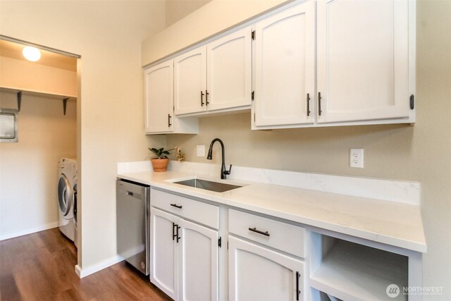 7308 N Skyview Ln Unit I-304, Tacoma, WA 98406 - kitchen with dishwasher, separate washer and dryer, dark wood-type flooring, and white cabinets
