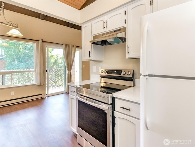 7308 N Skyview Ln Unit I-304, Tacoma, WA 98406 - kitchen featuring freestanding refrigerator, stainless steel range with electric cooktop, under cabinet range hood, white cabinets, and baseboard heating