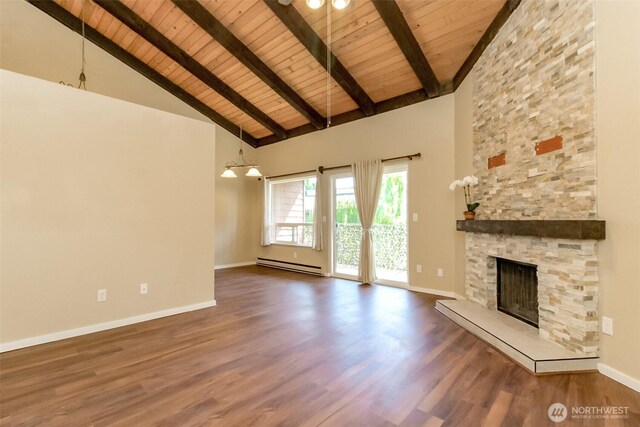 7308 N Skyview Ln Unit I-304, Tacoma, WA 98406 - unfurnished living room with a baseboard heating unit, a wood ceiling with exposed beams, high vaulted ceiling, wood finished floors, and a fireplace