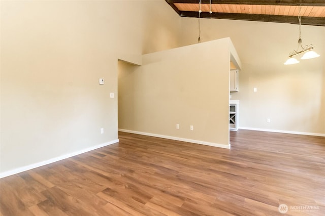 7308 N Skyview Ln Unit I-304, Tacoma, WA 98406 - unfurnished living room with a wooden ceiling with exposed beams, high vaulted ceiling, wood finished floors, and a chandelier
