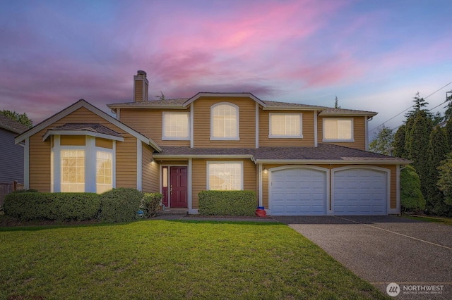 34427 10th Ave SW, Federal Way, WA 98023 - traditional home featuring asphalt driveway, a chimney, a garage, a front lawn, and a shingled roof