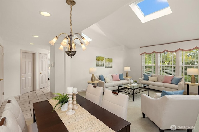 8612 218th St SW, Edmonds, WA 98026 - living area featuring a skylight, lofted ceiling, light tile patterned floors, and recessed lighting
