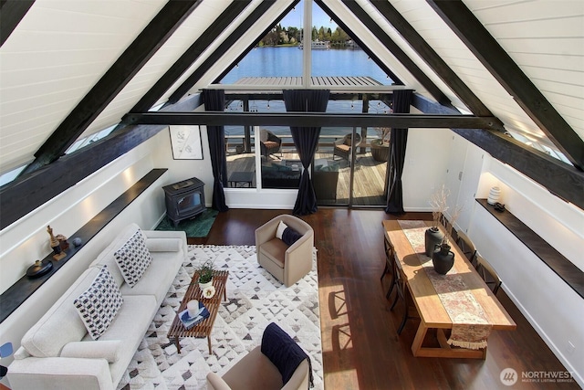 2822 Boyer Ave E Unit 11, Seattle, WA 98102 - living area with wood finished floors, a wood stove, a water view, and wooden ceiling