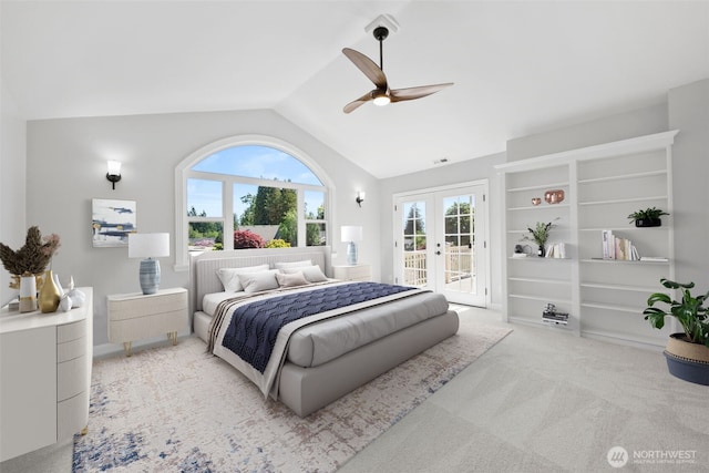 3505 W 43rd Ave, Seattle, WA 98199 - carpeted bedroom with access to outside, french doors, lofted ceiling, and a ceiling fan