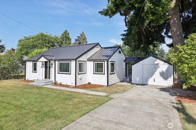 12448 Occidental Ave S, Seattle, WA 98168 - single story home with a standing seam roof, a chimney, a front lawn, driveway, and a detached garage