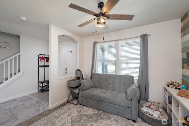 4211 W Heaverlo Dr, Moses Lake, WA 98837 - living room featuring stairs and ceiling fan