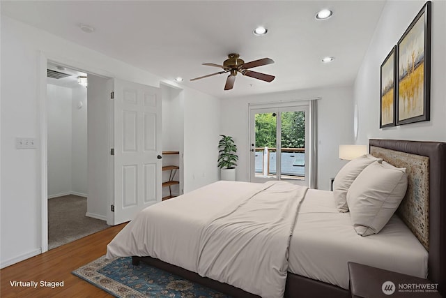 19517 Whiteman Cove Rd SW, Longbranch, WA 98351 - bedroom featuring access to outside, wood finished floors, recessed lighting, and a ceiling fan