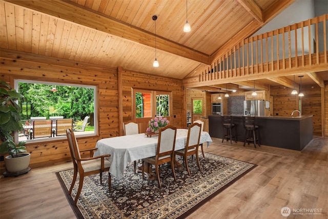 7717 252nd Ave NE, Redmond, WA 98053 - dining area with wooden walls, light wood-style flooring, and wood ceiling