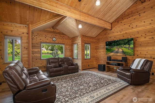 7717 252nd Ave NE, Redmond, WA 98053 - living area with healthy amount of natural light, wooden ceiling, wood finished floors, and wood walls