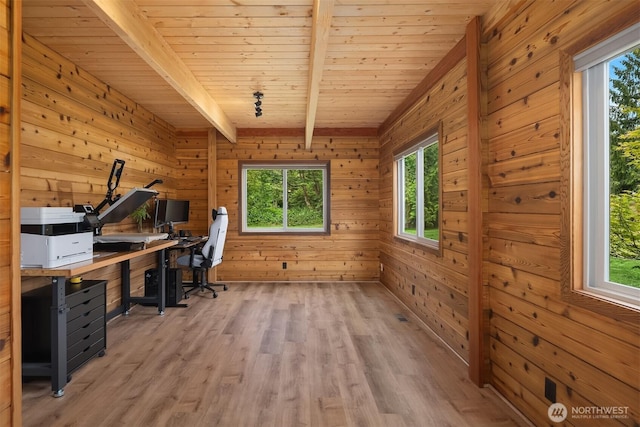 7717 252nd Ave NE, Redmond, WA 98053 - office featuring wood finished floors, a wood ceiling with exposed beams, and wooden walls