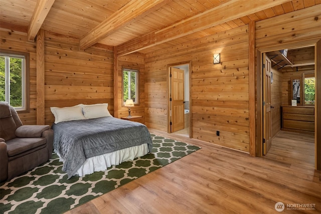 7717 252nd Ave NE, Redmond, WA 98053 - bedroom featuring multiple windows, wood finished floors, a wood ceiling with exposed beams, and wood walls