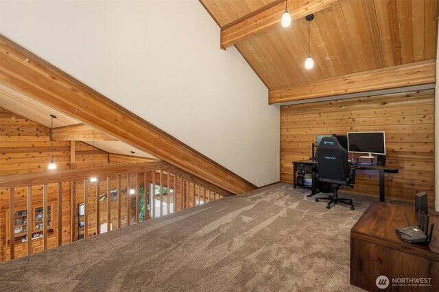 7717 252nd Ave NE, Redmond, WA 98053 - carpeted office space with wood walls, a wooden ceiling with exposed beams, and high vaulted ceiling