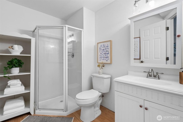 14913 SE 47th Ct, Bellevue, WA 98006 - full bath featuring a shower stall, vanity, and wood finished floors