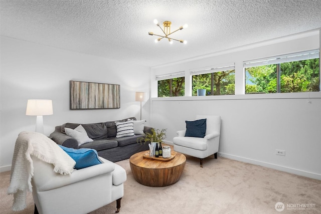 14913 SE 47th Ct, Bellevue, WA 98006 - carpeted living area featuring a chandelier and a textured ceiling